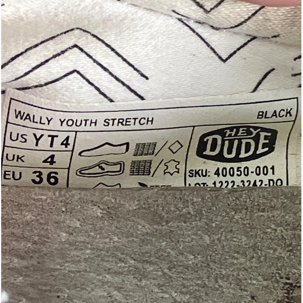 Hey Dude Wally Youth Stretch Black Marled Slip On Loafers Shoes Size 4Y
